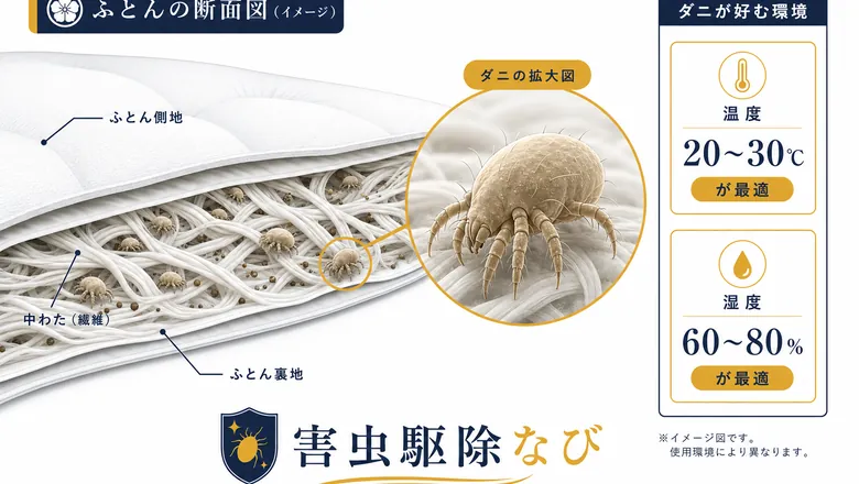 布団やカーペットに潜むダニの生息環境イメージ