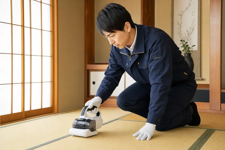 業者が畳のダニ発生状況を専用機器で調査している様子