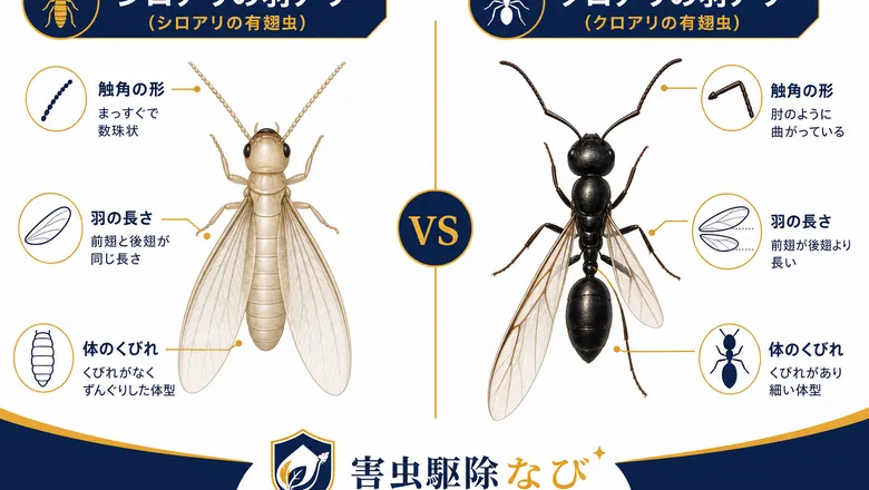 シロアリの羽アリとクロアリの羽アリの見分け方の比較図